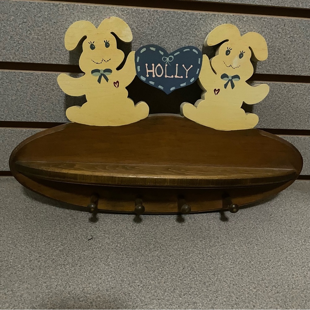 Vintage Bunny Rabbit Wood Shelf With Pegs Coat Hooks Name HOLLY‎